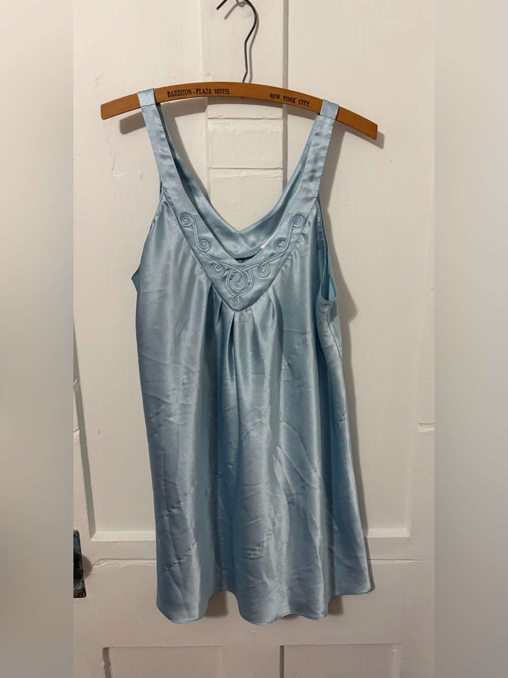 Vintage Oscar de la Renta Pink Blue Satin Embroidered Chemise Gown